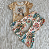 Promotional Stay Wild Dreamcatcher Floral Gold Girls Short Sleeve+Trousers Sets