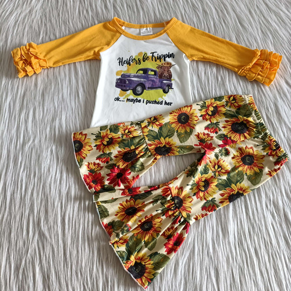 Promotional Sunflower Yellow Girls Long Sleeve+Trousers Sets