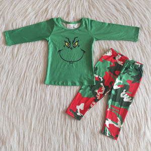 Promotional Cartoon Smile Green Camo Boys Christmas Outfits