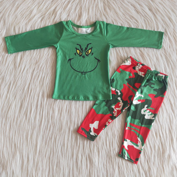 Promotional Cartoon Smile Green Camo Boys Christmas Outfits