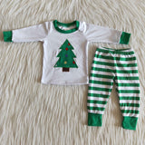 Promotional Tree Embroidery Green Stripes Boys Christmas Pajamas