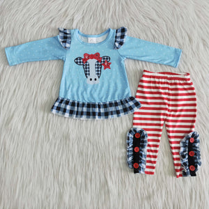 Cow Plaid Blue Red Stripes Legging Girls Long Sleeve+Trousers Sets