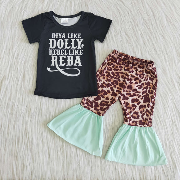 Promotional Green Leopard Print Girls Short Sleeve+Trousers Sets