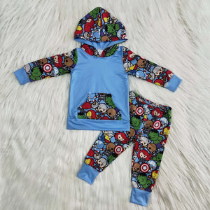 Promotional Cartoon Pocket Blue Boys Fall Hoodie Sets