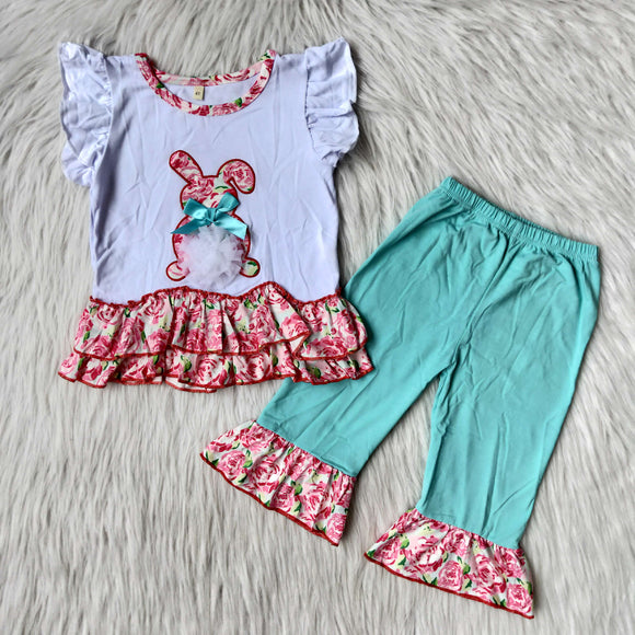 Bunny Embroidery Floral Girls Easter Outfits