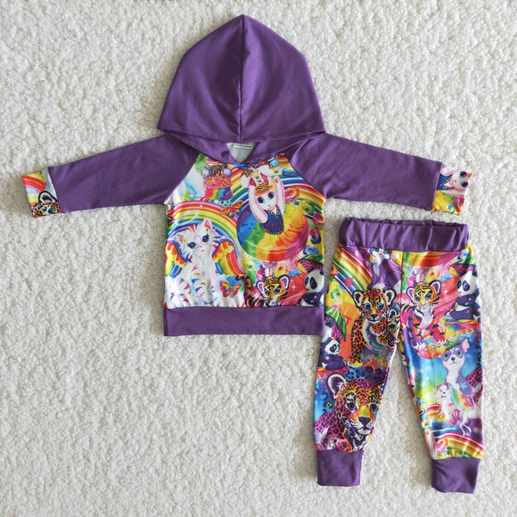 Promotional Cartoon Tiger Rainbow Purple Kids Fall Hoodie Sets