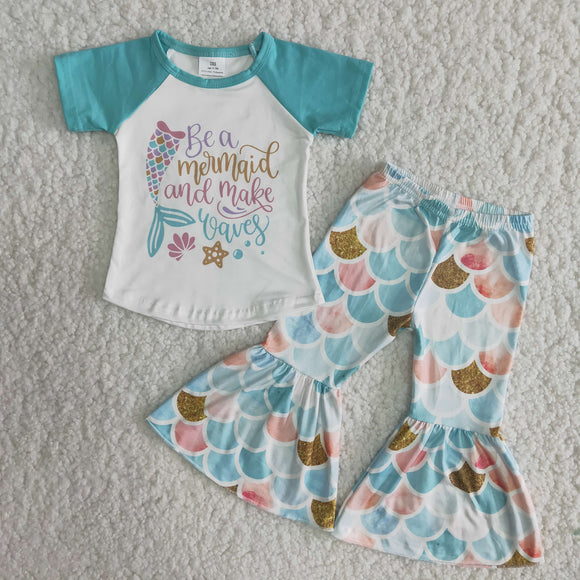 Promotional Mermaid Sky Blue Girls Short Sleeve+Trousers Sets