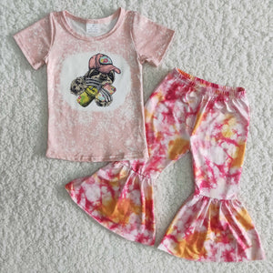 Promotional Pink Tie Dye Girls Short Sleeve+Trousers Sets