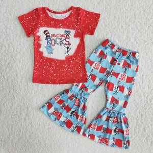 Promotional Cartoon Cat Red Bleached Girls Short Sleeve+Trousers Sets