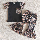 Promotional Leopard Print Pocket Black Girls Short Sleeve+Trousers Sets