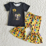 Promotional Elephant Sunflower Girls Short Sleeve+Trousers Sets