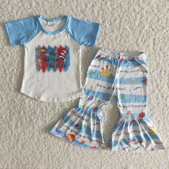 Promotional Cartoon Cat Blue White Girls Short Sleeve+Trousers Sets