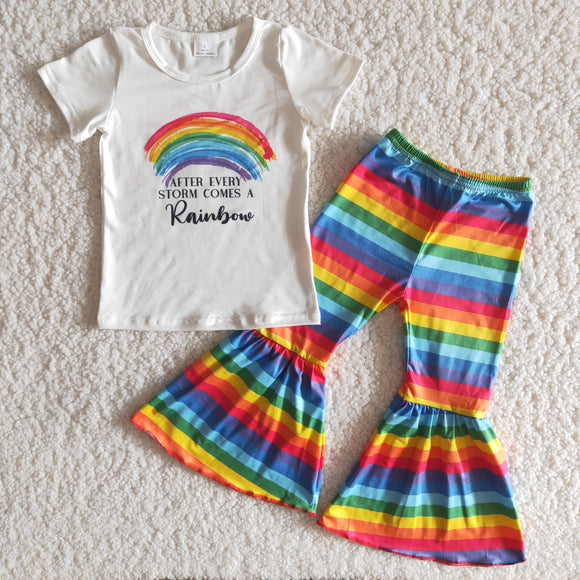 Promotional Rainbow Colorful Girls Short Sleeve+Trousers Sets