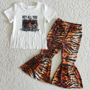 Promotional Tiger Print Tassels White Girls Short Sleeve+Trousers Sets