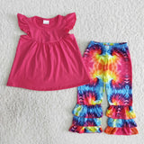 Promotional Hot Pink Tie Dye Girls Short Sleeve+Trousers Sets