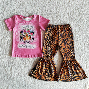 Promotional Tiger Print Girls Short Sleeve+Trousers Sets