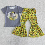 Promotional Sunflower Cow Gray Girls Short Sleeve+Trousers Sets