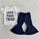 Promotional Love Your Tribe Navy Girls Short Sleeve+Trousers Sets