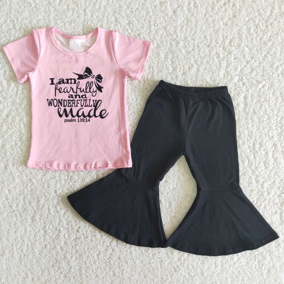 Promotional Letters Pink Girls Short Sleeve+Trousers Sets