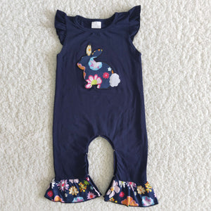 Promotional Baby Girls Bunny Embroidery Floral Navy Easter Romper