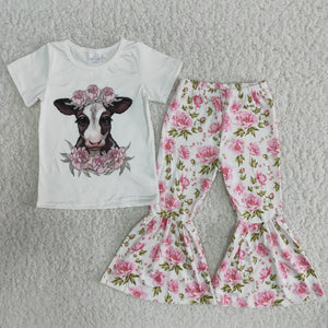 Promotional Pink Floral Cow Girls Short Sleeve+Trousers Sets