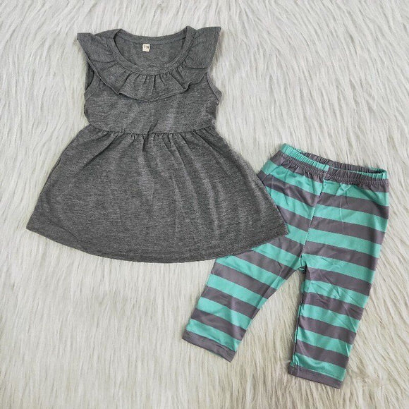 Solid Gray Stripes Girls Short Sleeve+Trousers Sets