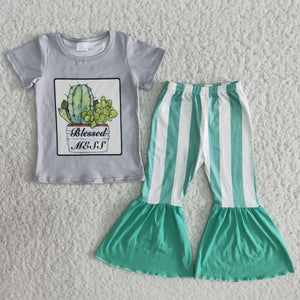 Promotional Cactus Gray Green Stripes Girls Short Sleeve+Trousers Sets