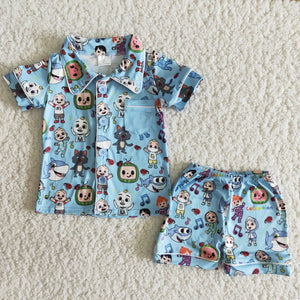 Promotional Cartoon Blue Pocket Collar Boys Short Sleeve Pajamas