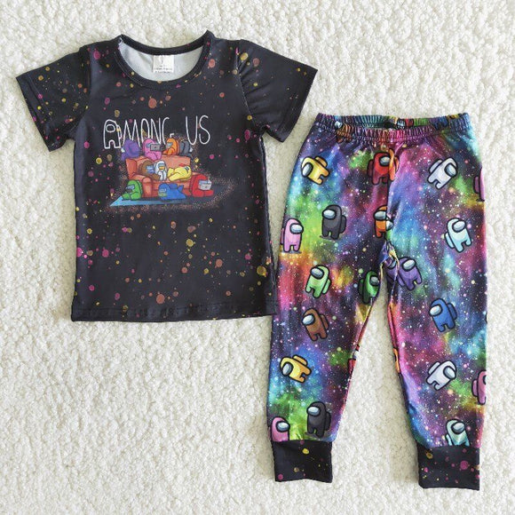 Promotional Cartoon Games Black Boys Short Sleeve+Trousers Sets