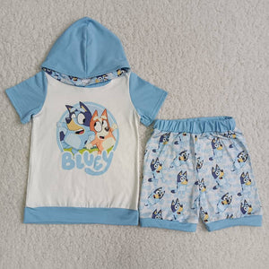 Cartoon Dogs Sky Blue Hoodie Sets Boys Shorts Sets