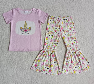 Promotional Unicorn Pink Girls Short Sleeve+Trousers Sets