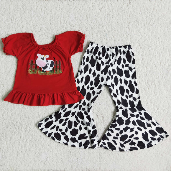 Promotional Cow Embroidery Girls Short Sleeve+Trousers Sets