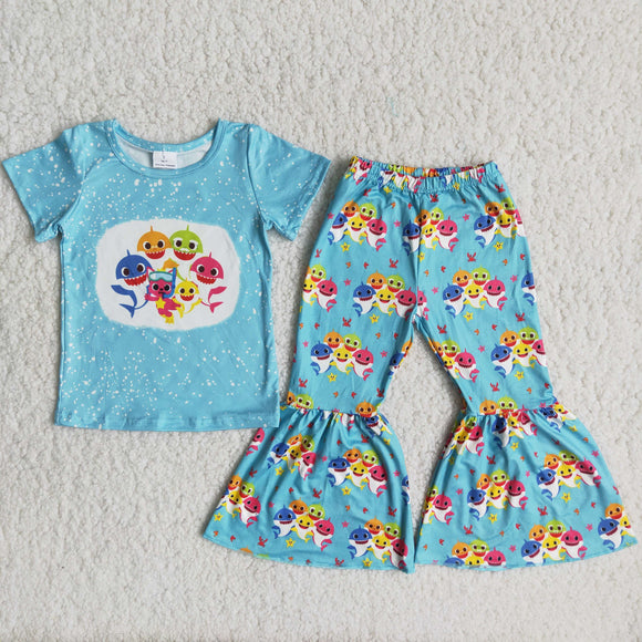 Cartoon Blue Girls Short Sleeve+Trousers Sets