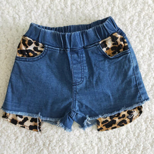 Leopard Print Pockets Girls Jeans Denim Shorts