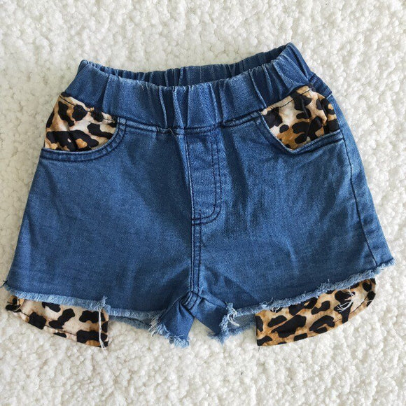 Leopard Print Pockets Girls Jeans Denim Shorts