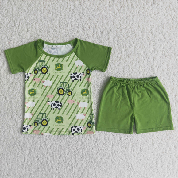 Cow Tractor Green Boys Shorts Sets