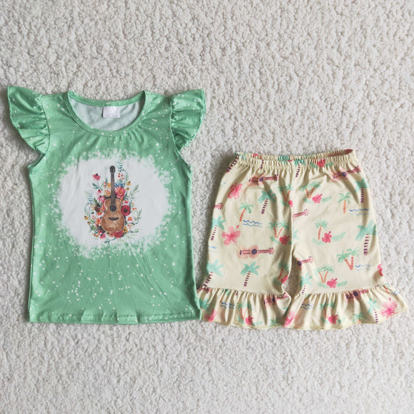 Promotional Guitar Floral Green Yellow Girls Shorts Sets