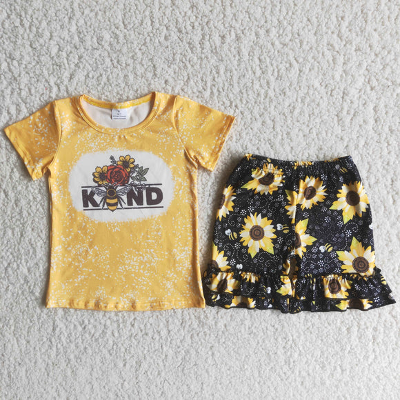 Promotional Sunflower Bee Kind Yellow Black Girls Shorts Sets