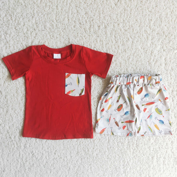 Promotional Fishing Pocket Red Boys Shorts Sets