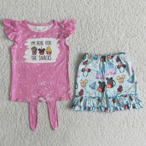 Promotional Cartoon Criss-Cross Snacks Pink Girls Shorts Sets