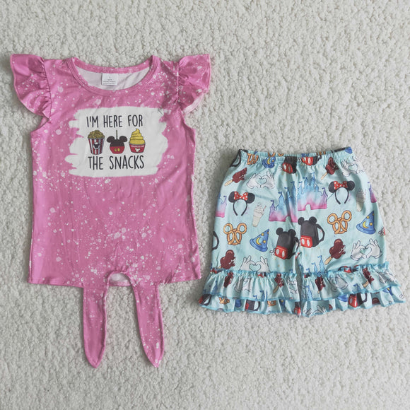 Promotional Cartoon Criss-Cross Snacks Pink Girls Shorts Sets