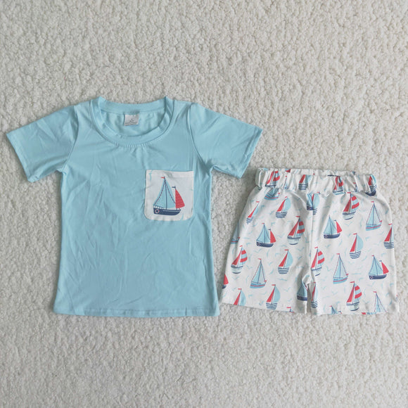 Sailboat Pocket Sky Blue Boys Shorts Sets