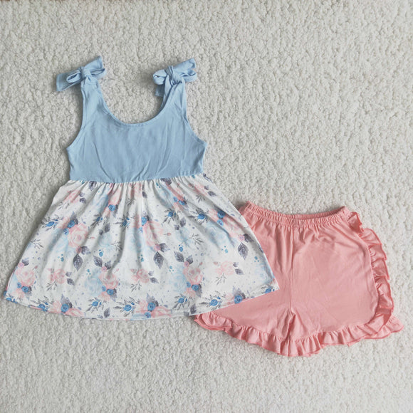Floral Sky Blue Girls Shorts Sets