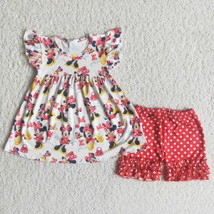 Promotional Cartoon Polka Dots Red Girls Shorts Sets