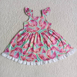 Promotional Watermelon Lace Pink Girls Flutter Sleeve Dress