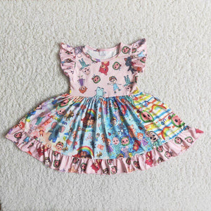 Promotional Cartoon Pink Girls Patchwork Dress