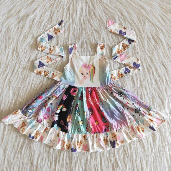 Promotional Cartoon White Girls Patchwork Dress