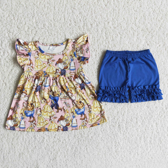 Promotional Cartoon Yellow Blue Girls Shorts Sets