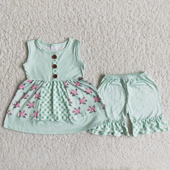 Floral Light Green Girls Shorts Sets