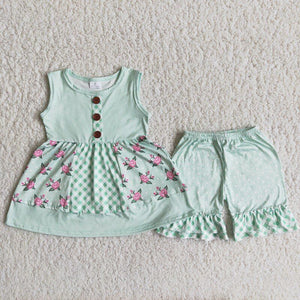 Promotional Floral Green Girls Shorts Sets